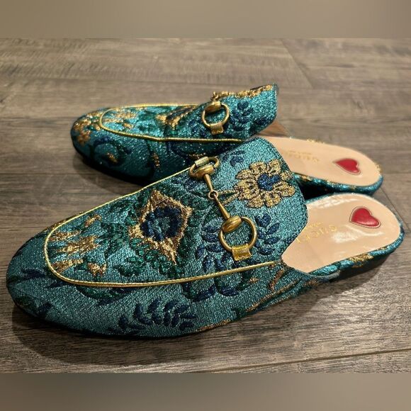 Gucci Princetown Slipper Slides Blue Gold Horsebit Mules - Picture 4 of 10